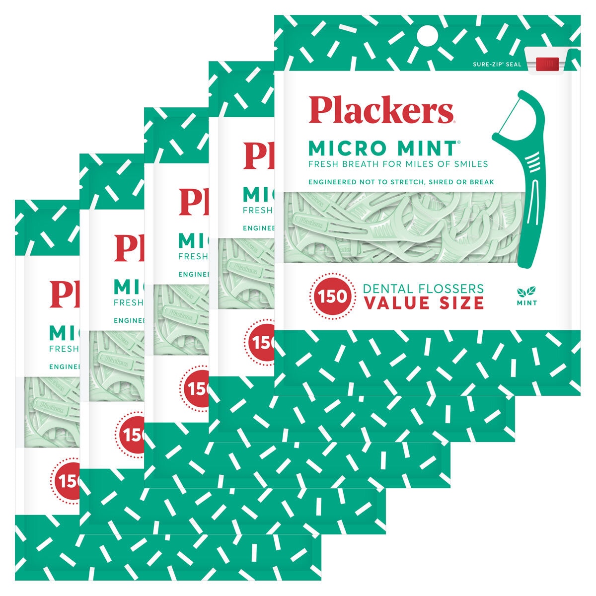 Plackers Micro Mint Flossers, 5 x 150 Pack