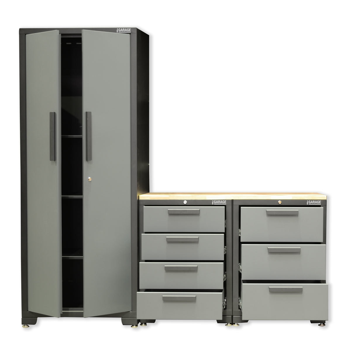Front facing image of Hilka 4 piece storage on white background doors and drawers open