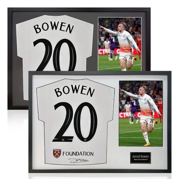 Jarrod Bowen Signed Framed WHU Football Shirt including 1 Photo in 2 Options: White or Black Mount