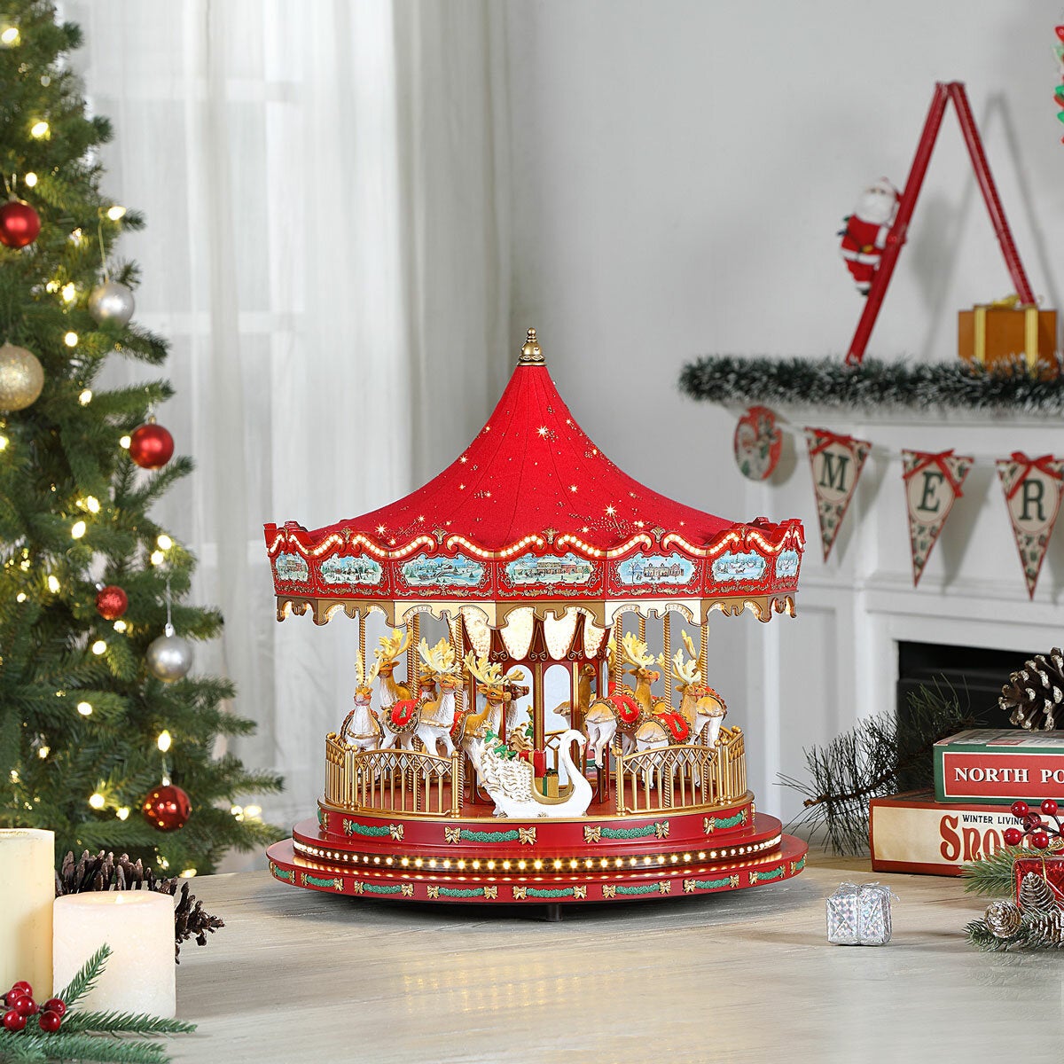 17 Inch Nostalgic Deluxe Glass Embellished Carousel in Red 17 Inch Nostalgic Deluxe Glass Embellished Carousel in Red
