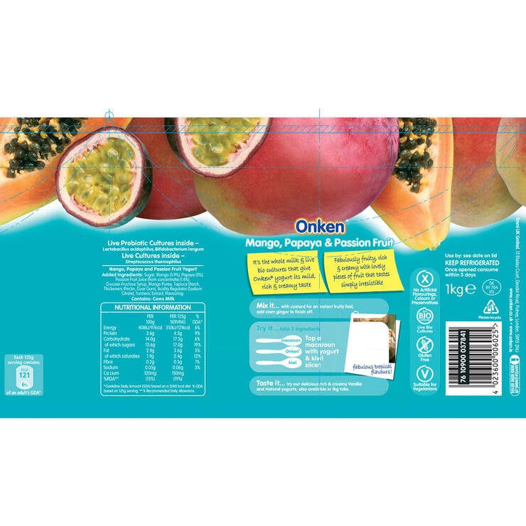 Label for 1kg pot of Onken Mango & Passion Fruit