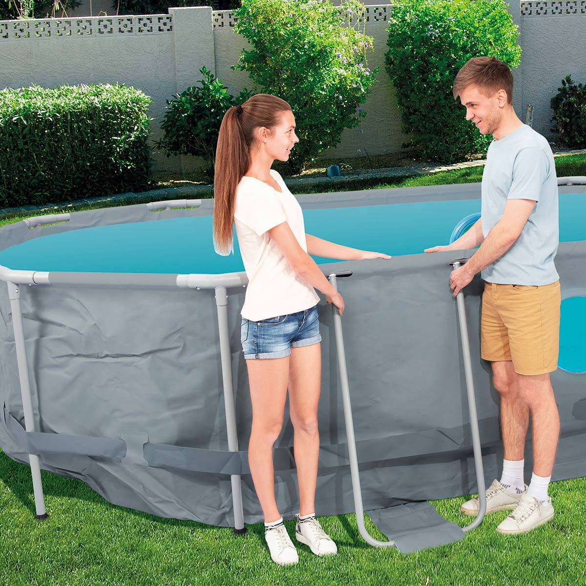 Bestway 18 x 9 ft Steel Oval Frame Pool with Sand Filter Pump, Solar Powered Pool Pad and Cover