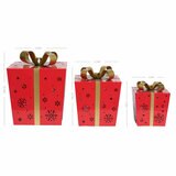 Red Metal Gift Boxes with LED Snowflake Pattern – Set of 3