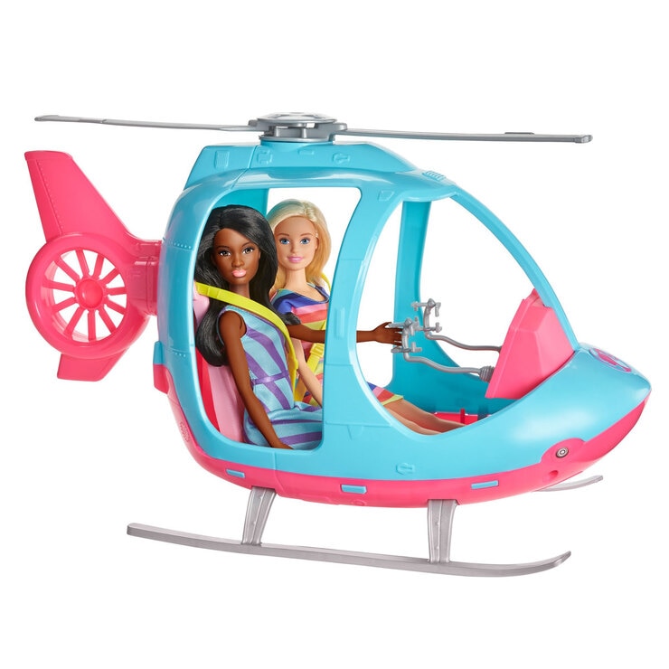 Barbie and helicopter getaway on white background