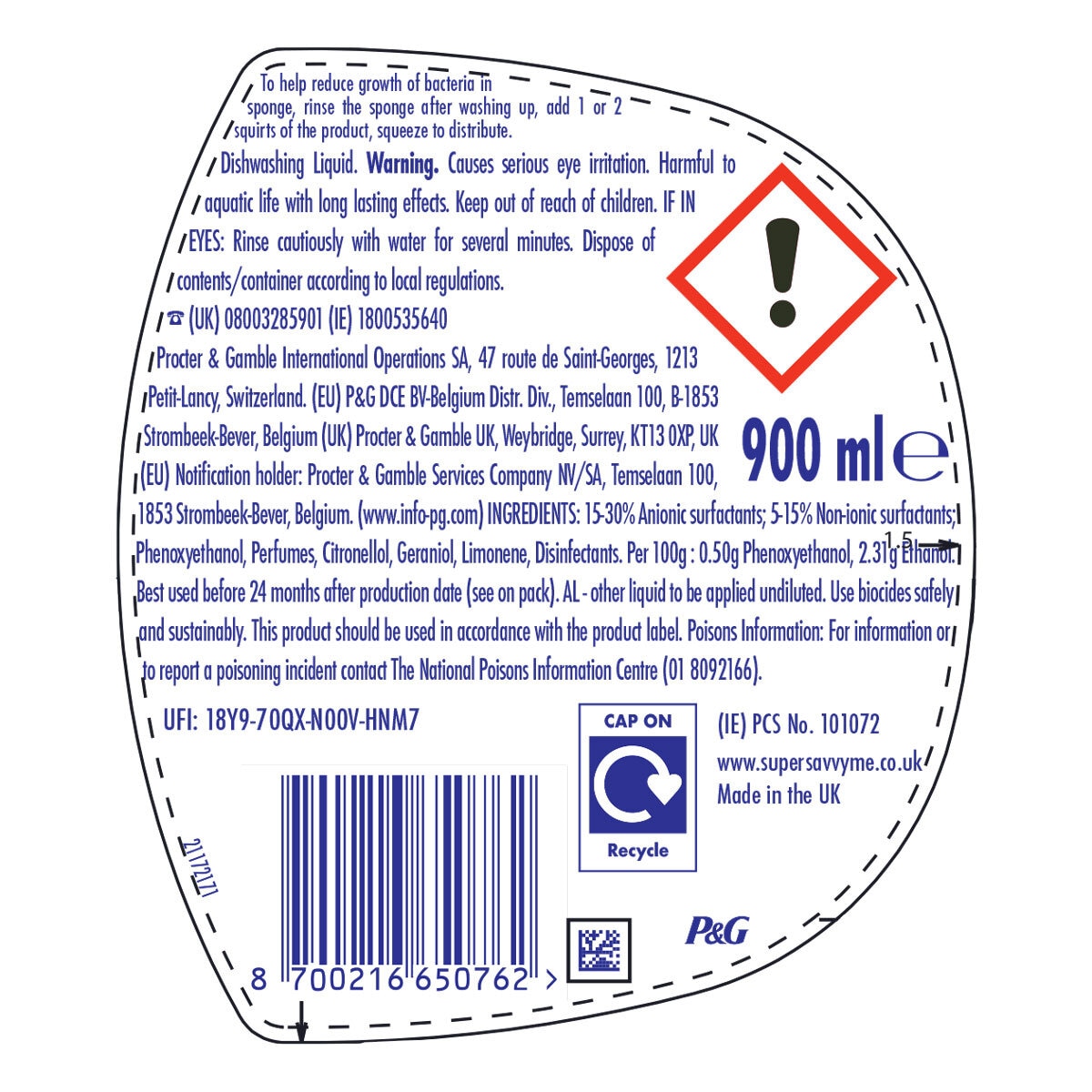 Fairy Liquid Antibacterial, 6 x 900ml