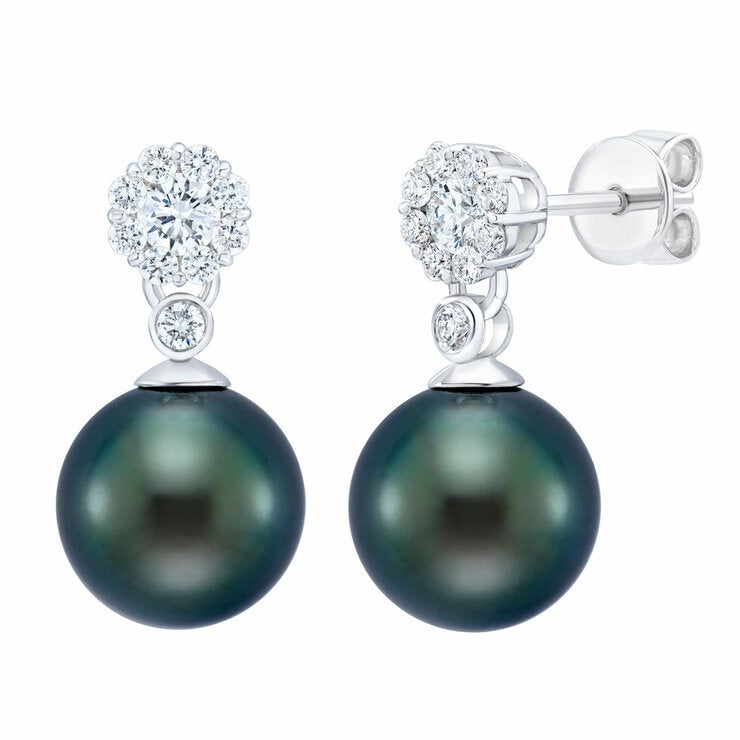8-9mm Tahitian Pearl & 0.45ctw Diamond Earrings, 14ct White Gold 8-9mm Tahitian Pearl & 0.45ctw Diamond Earrings, 14ct White Gold
