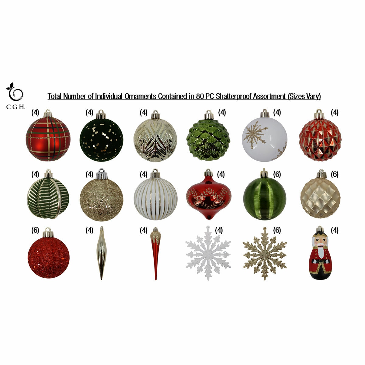 Shatter Resistant Christmas Ornaments Red/Green -80 pack