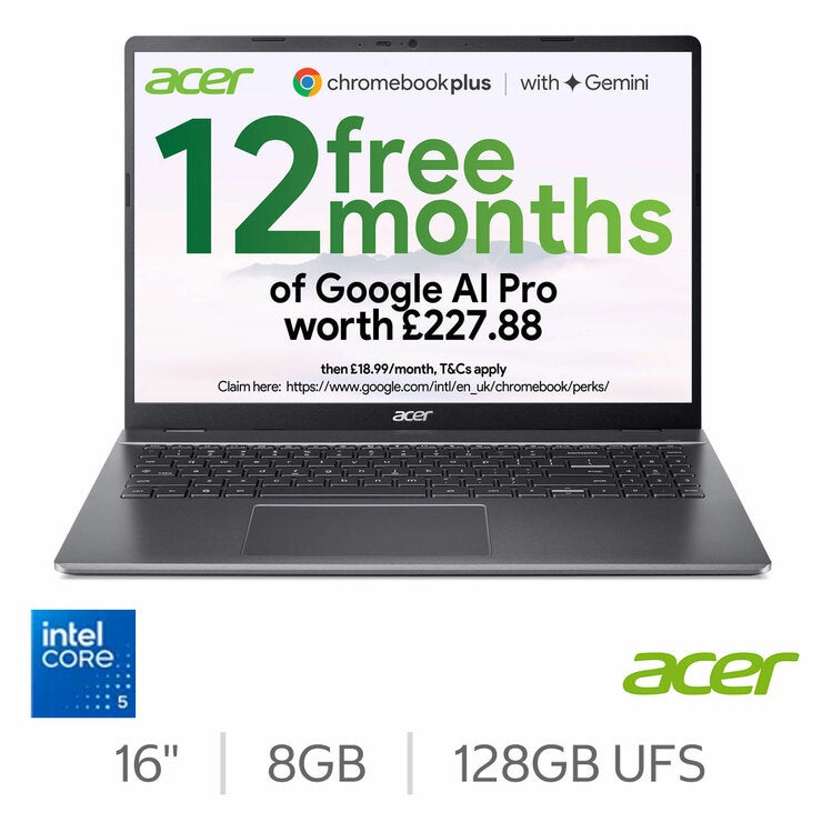 Acer Chromebook Plus, Intel Core 5, 8GB RAM, 128GB UFS, 16 Inch Laptop, NX.JCMEK.006 Acer Chromebook Plus, Intel Core 5, 8GB RAM, 128GB UFS, 16 Inch Laptop, NX.JCMEK.006