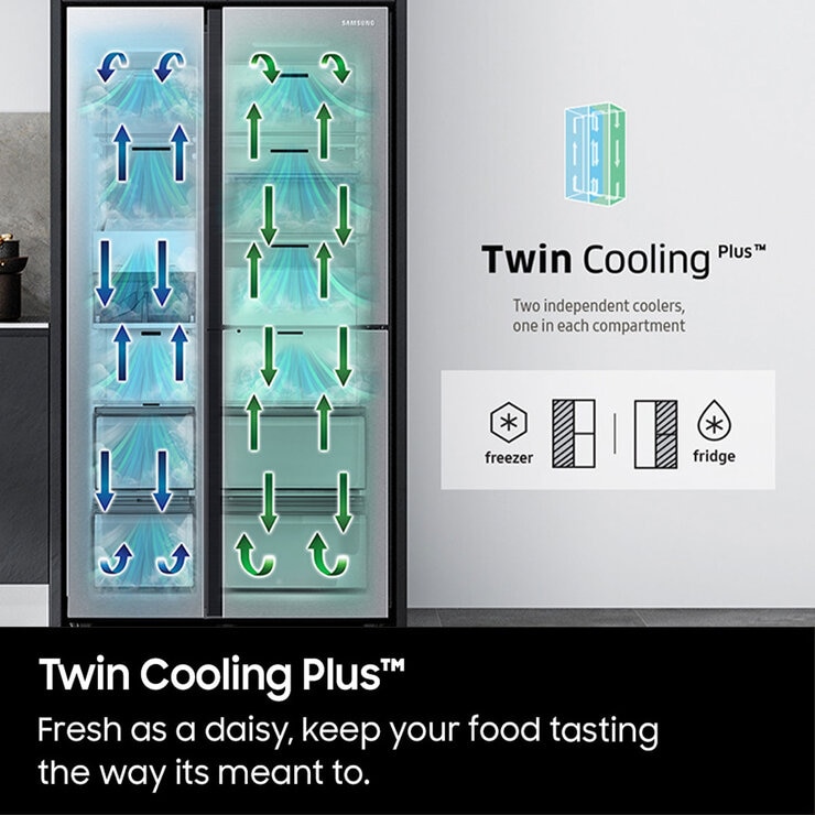 Infographics Samsung Series 9 RH68B8830S9/EU American Style Fridge Freezer with Food ShowCase™ - Matte Stainless