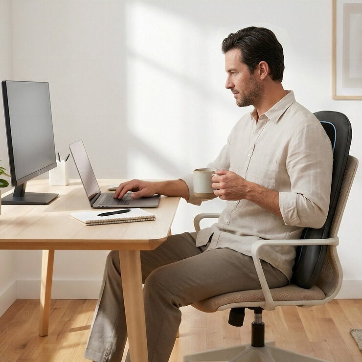 Lifestyle image of model using the back massager Lifestyle image of model using the back massager