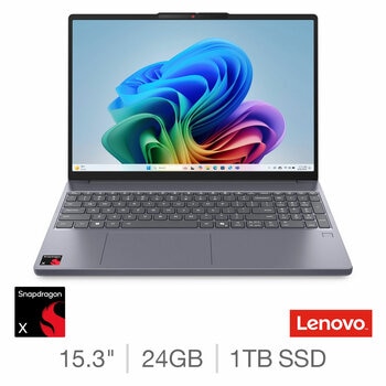 Lenovo IdeaPad Slim 3, Copilot+ PC, Snapdragon X, 24GB RAM, 1TB SSD, 15.3 Inch Laptop, 83N3002DUK