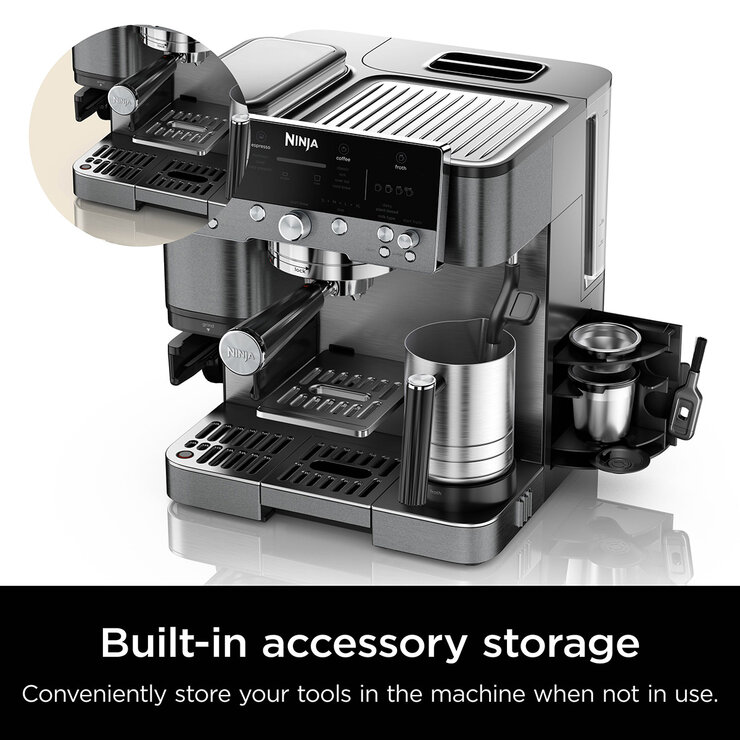 Side View of Ninja Luxe Café Premier Espresso Machine showingbuilt in accessory storage
