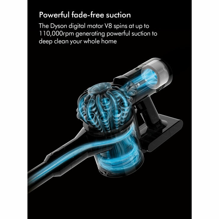 Image of Dyson V8 Absolute describing powerful fade free suction