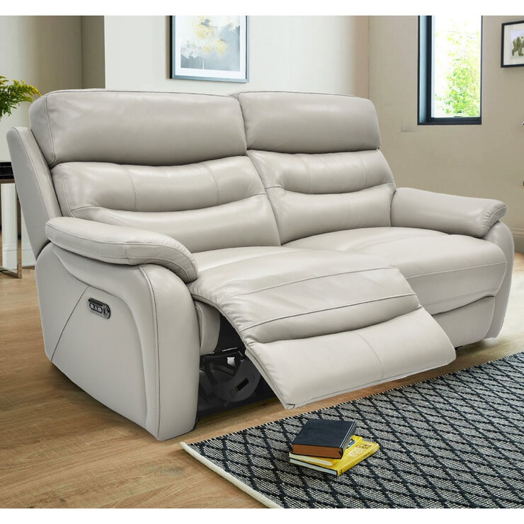 Fletcher Light Grey Leather Power Reclining Large 2 Seater Sofa with