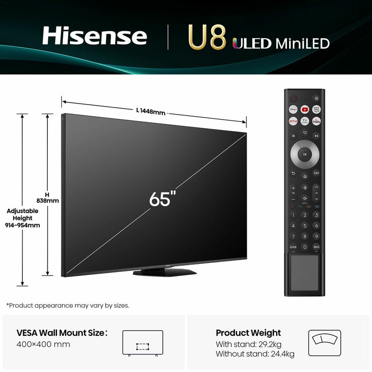 Hisense 65U8QTUK 65 Inch Mini LED HD Smart TV