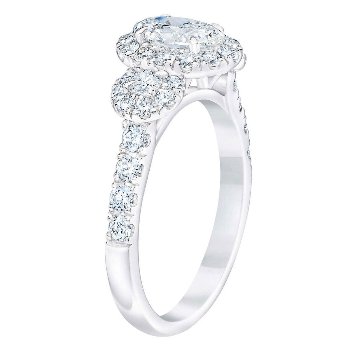 1.52ctw Oval & Round Brilliant Cut Diamond Three Stone Halo Ring, 14ct White Gold
