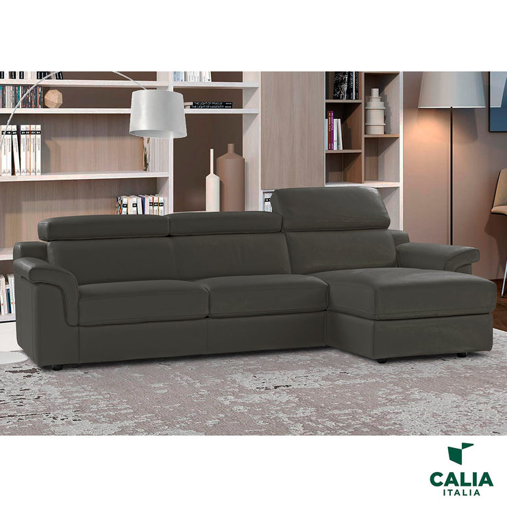 Calia Italia Bellagio Grey Italian Leather Sofa Chaise, Rightfacing