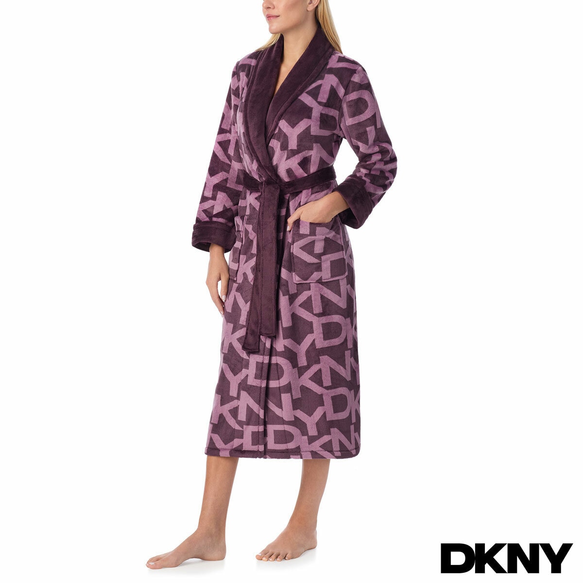DKNY Shawl Collar Long Plush Robe in Purple
