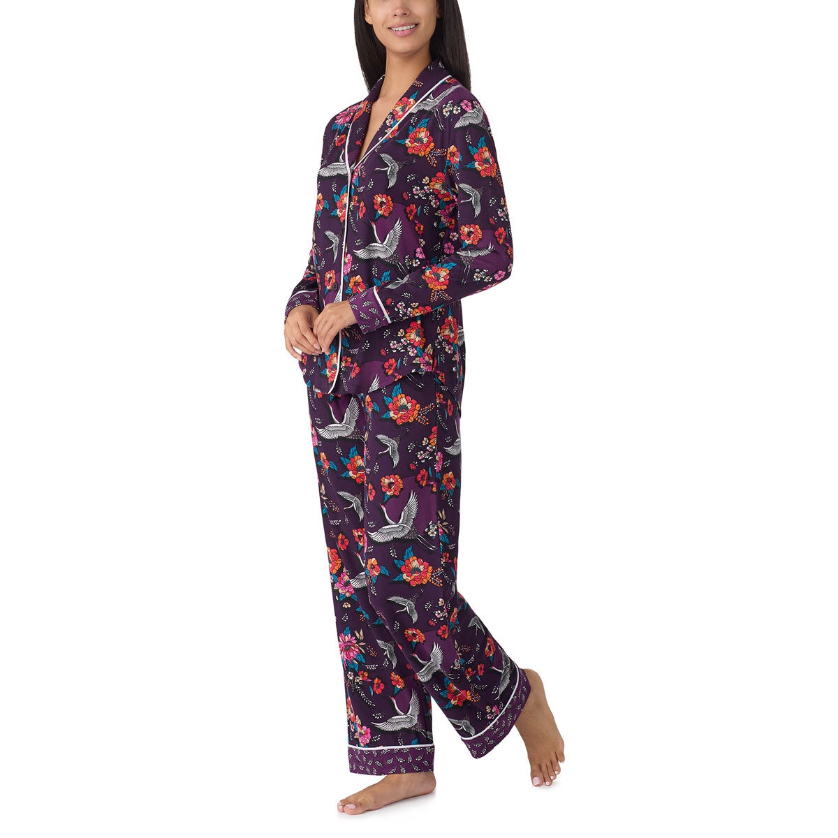 Room Service Ladies Notch Collar PJ Set, 2 Piece in Purple Crane