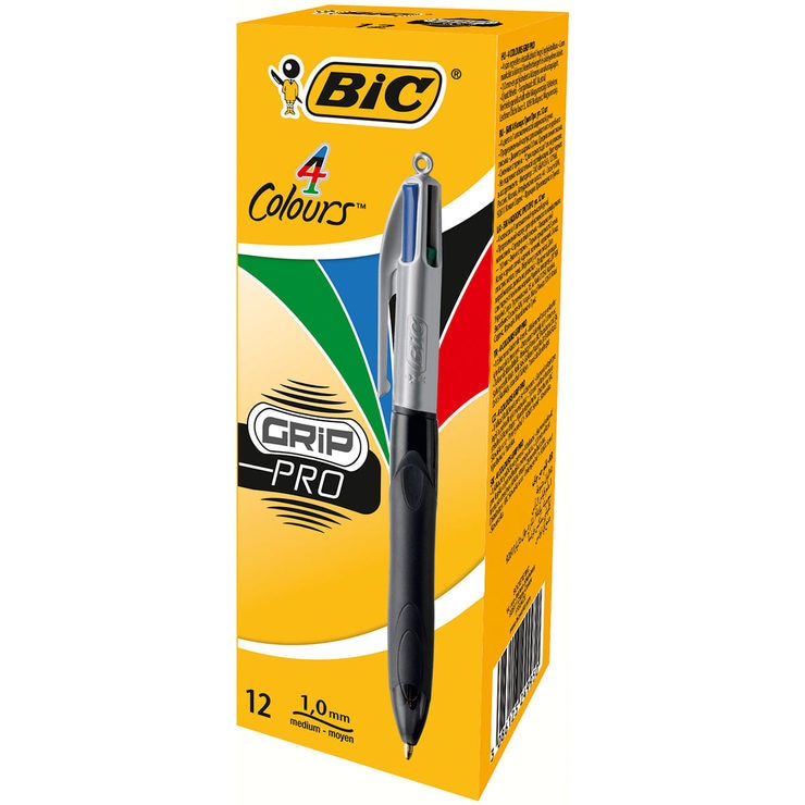 Bic 4Colour Grip Pro Ballpoint Pen (Blue/Black/Red/Green) Pack of 12