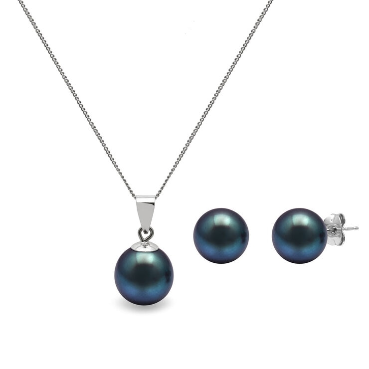 Cultured Freshwater 8.5-9mm Peacock Black Pearl Pendant and Stud Earring Set, 18ct White Gold Cultured Freshwater 8.5-9mm Peacock Black Pearl Pendant and Stud Earring Set, 18ct White Gold