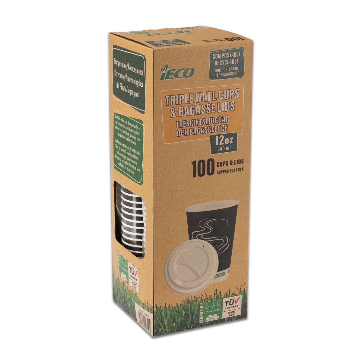 Ieco Recyclable Triple Wall Hot Cups & Lids, 12oz, 100 Pack