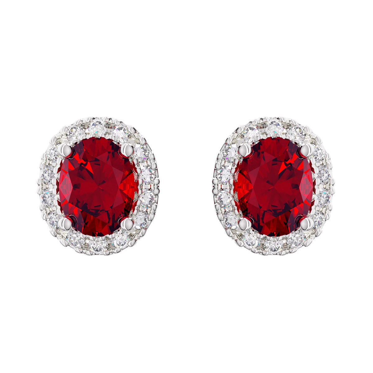 Oval Cut Ruby & 0.16ctw Diamond Halo Earrings, 14ct White Gold