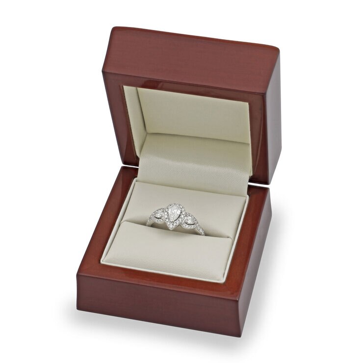 1.03ctw Pear Cut Diamond Halo Trilogy Ring, 18ct White Gold 1.03ctw Pear Cut Diamond Halo Trilogy Ring, 18ct White Gold
