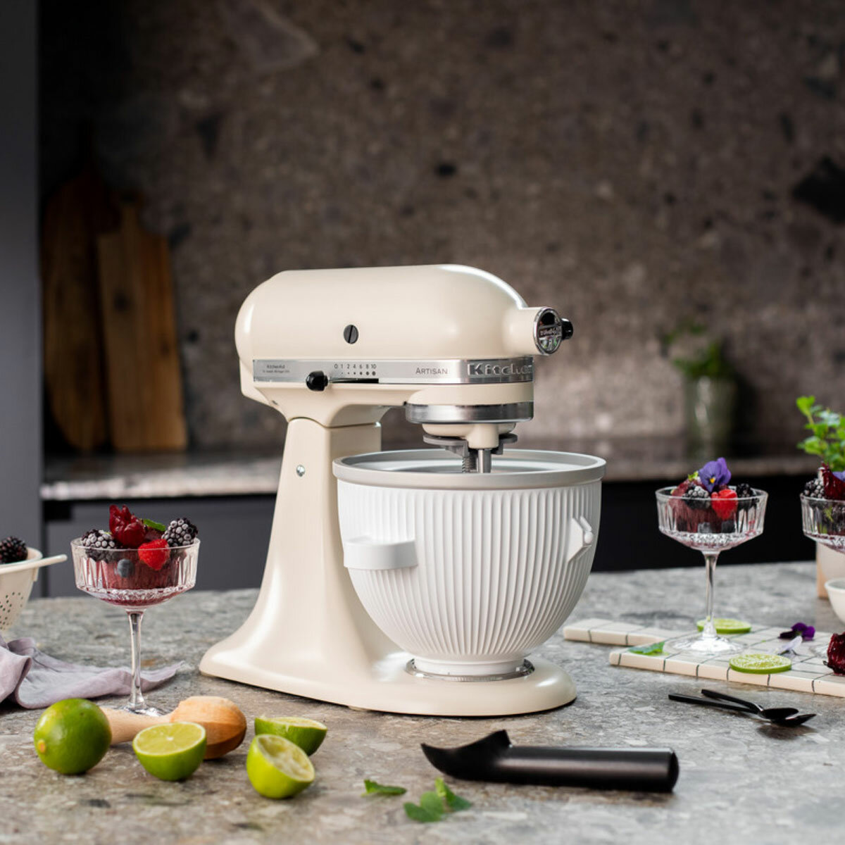 Lifestyle image of KitchenAid Ice Cream Maker attached to stand mixer