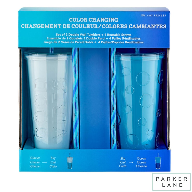 Colour Changing Double Wall Insulated 2 Pack Tumblers with 4 Straws, Blue Colour Changing Double Wall Insulated 2 Pack Tumblers with 4 Straws, Blue
