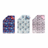 Imagery of Spiderman, Stitch and Disney Princess blanket/pillow set shown flat plain with a plain background