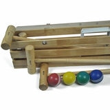 Studio image of the wooden box, four croquet balls, four mallets and hoops Studio image of the wooden box, four croquet balls, four mallets and hoops