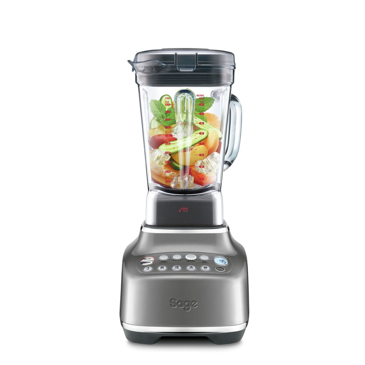 Image of Sage the Q Blender face on filled with fruit