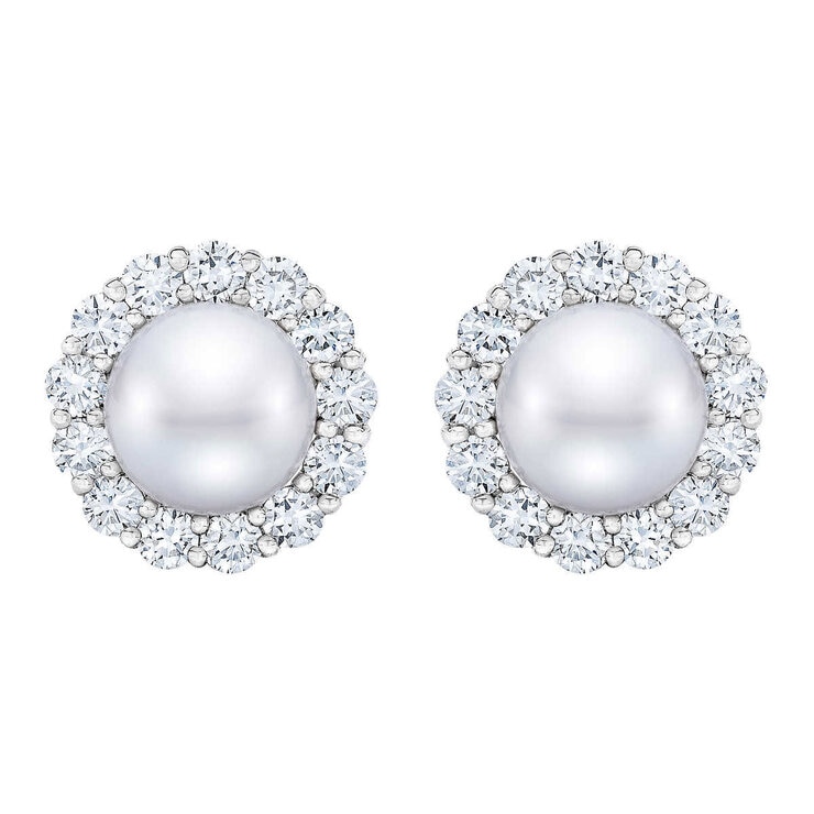 9-10mm Cultured Freshwater White Pearl & 1.95ctw Diamond Earrings, 14ct White Gold