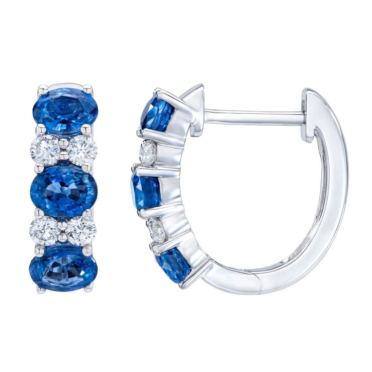 Oval Sapphire & 0.23ctw Diamond Hoop Earrings, 14ct White Gold