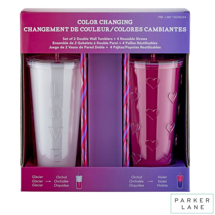 Colour Changing Double Wall Insulated 2 Pack Tumblers with 4 Straws, Pink Colour Changing Double Wall Insulated 2 Pack Tumblers with 4 Straws, Pink
