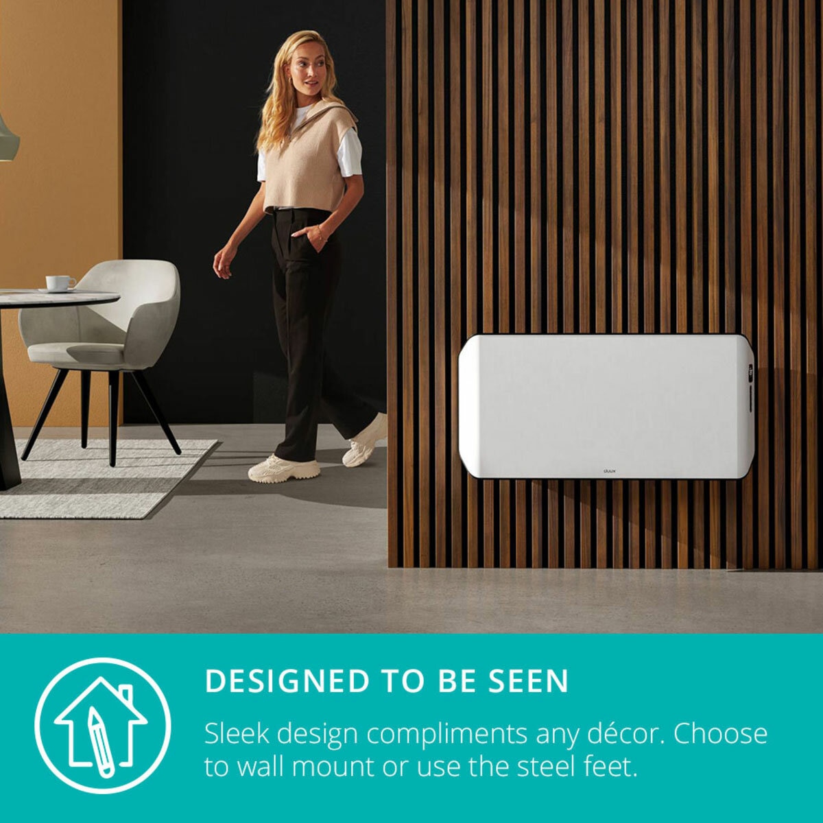 Lifestyle image of Edge 1000 Smart Convector Heater Gen 2 showing sleek design Lifestyle image of Edge 1000 Smart Convector Heater Gen 2 showing sleek design