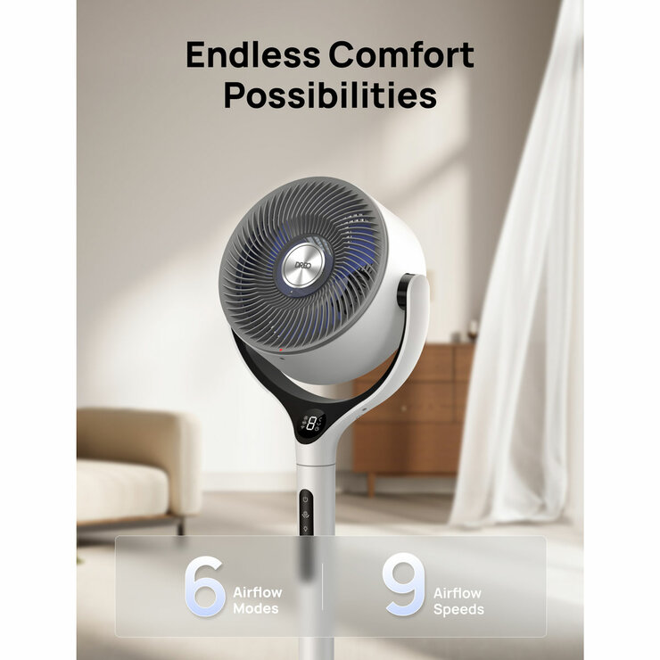 Lifestyle image of Dreo TurboPoly fan with 6 airflow modes and 9 speeds