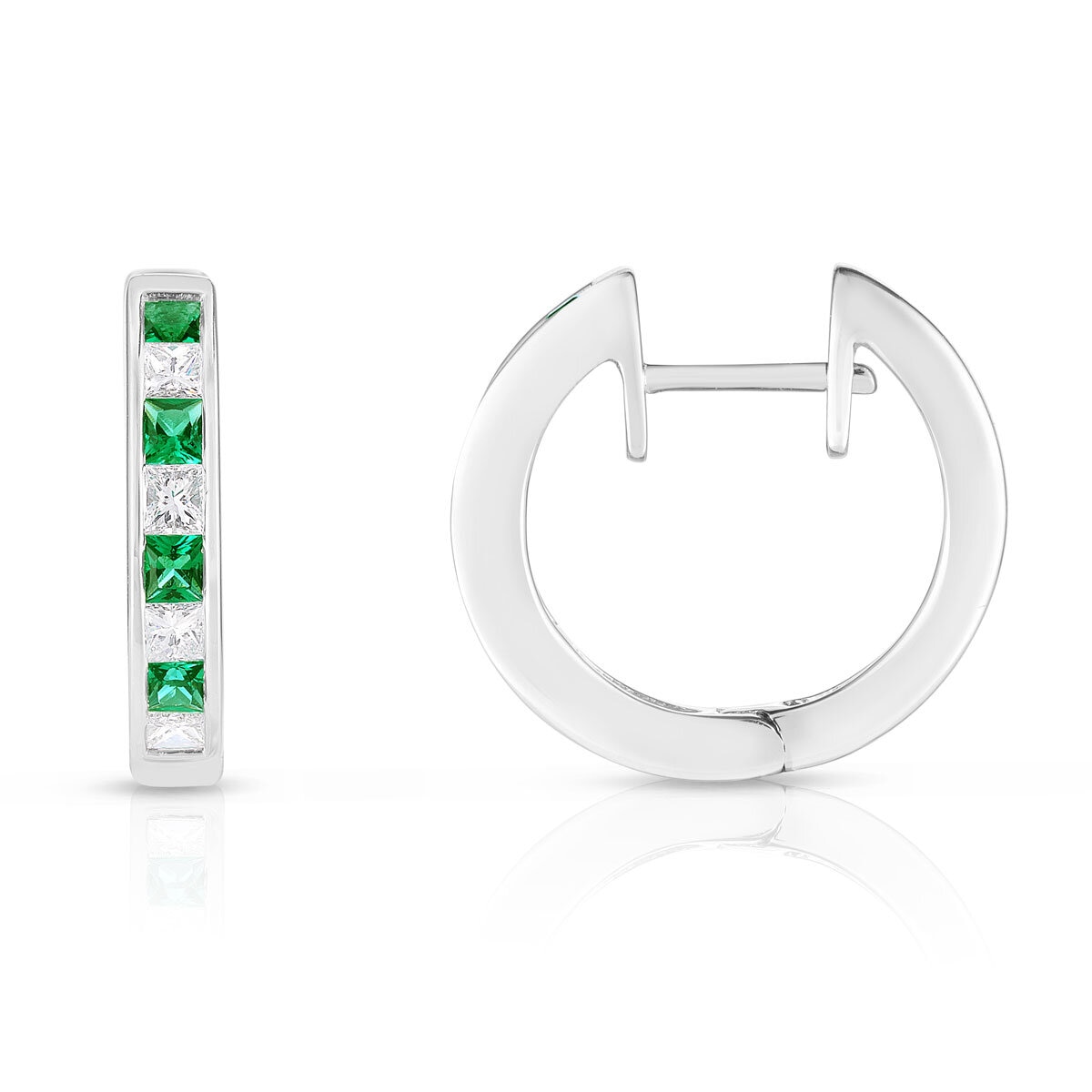 Princess Cut Lab Emerald & 0.32ctw Diamond Hoop Earrings, 14ct White Gold