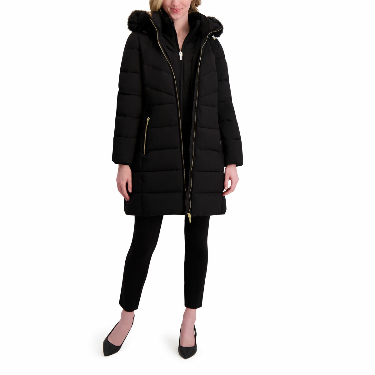 Halston Ladies Hooded Walker Coat in Black