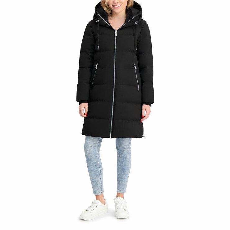 DKNY Ladies Long Down Coat with Hood in Black, Large