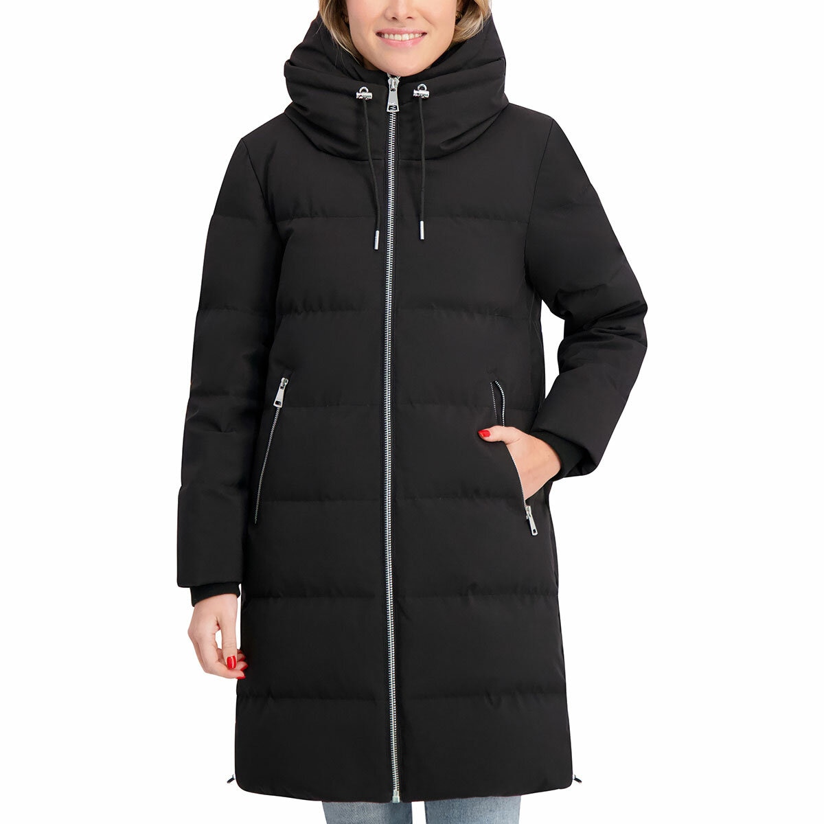 DKNY Ladies Long Down Coat with Hood in Black