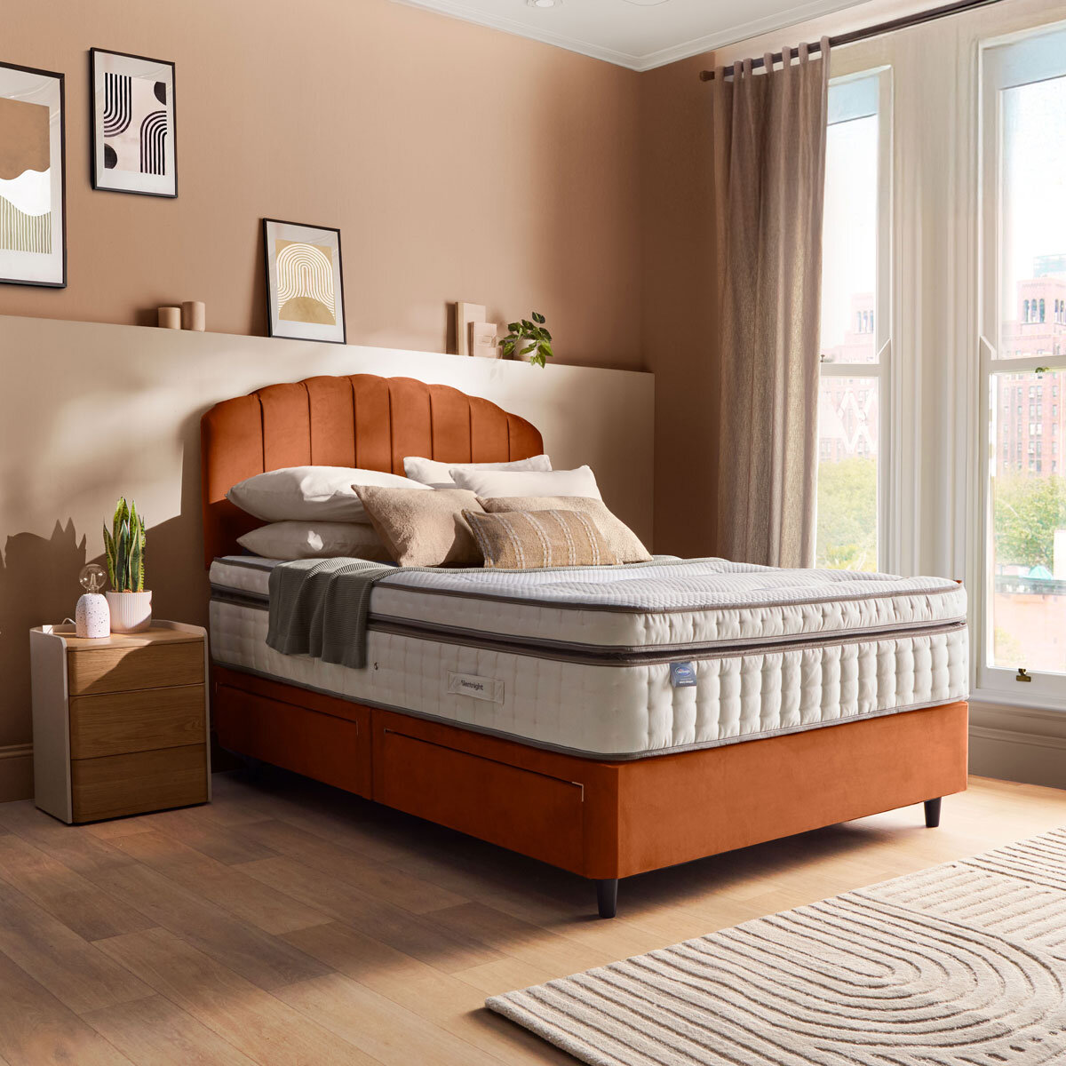 Silentnight Velvet 4 Drawer Divan Base with Merlin Headboard in Amber in 3 Sizes
