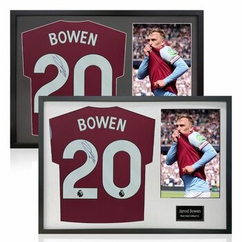 Jarrod Bowen Signed Framed WHU Football Shirt including 1 Photo in 2 Options: White or Black Mount