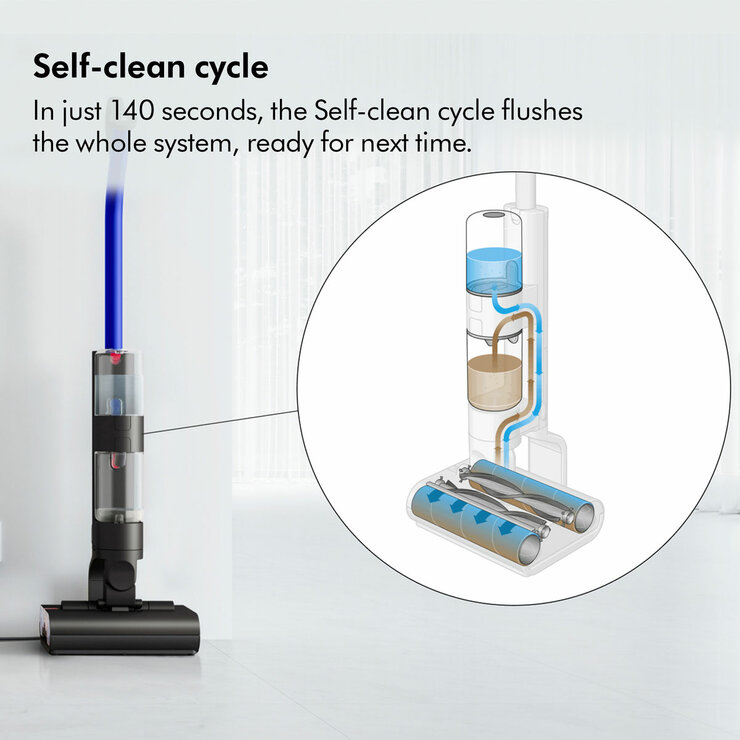 Lifestyle images of Dyson WashG1 wet floor cleaner showing self clean cycle in just 140 seconds