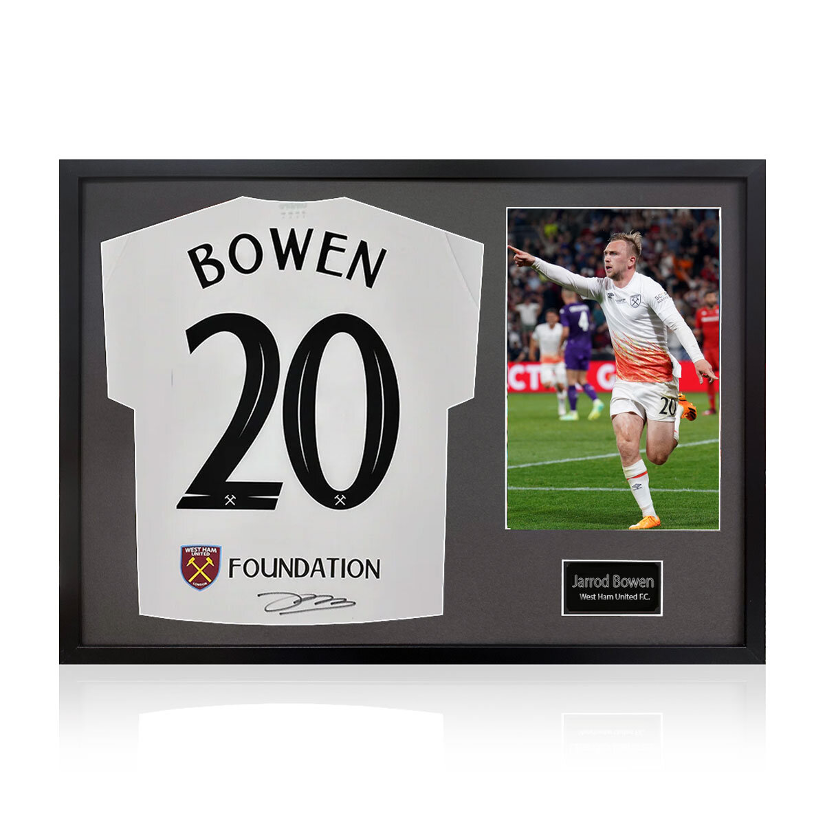 Jarrod Bowen Signed Framed WHU Football Shirt including 1 Photo in 2 Options: White or Black Mount