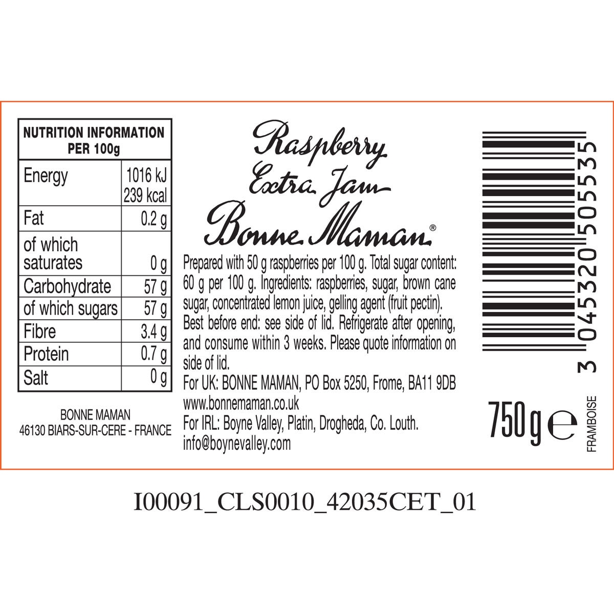 Bonne Maman Raspberry Conserve Nutritional Information