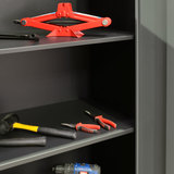 Lifestyle image of open unit with tools on shelves (tools not included)