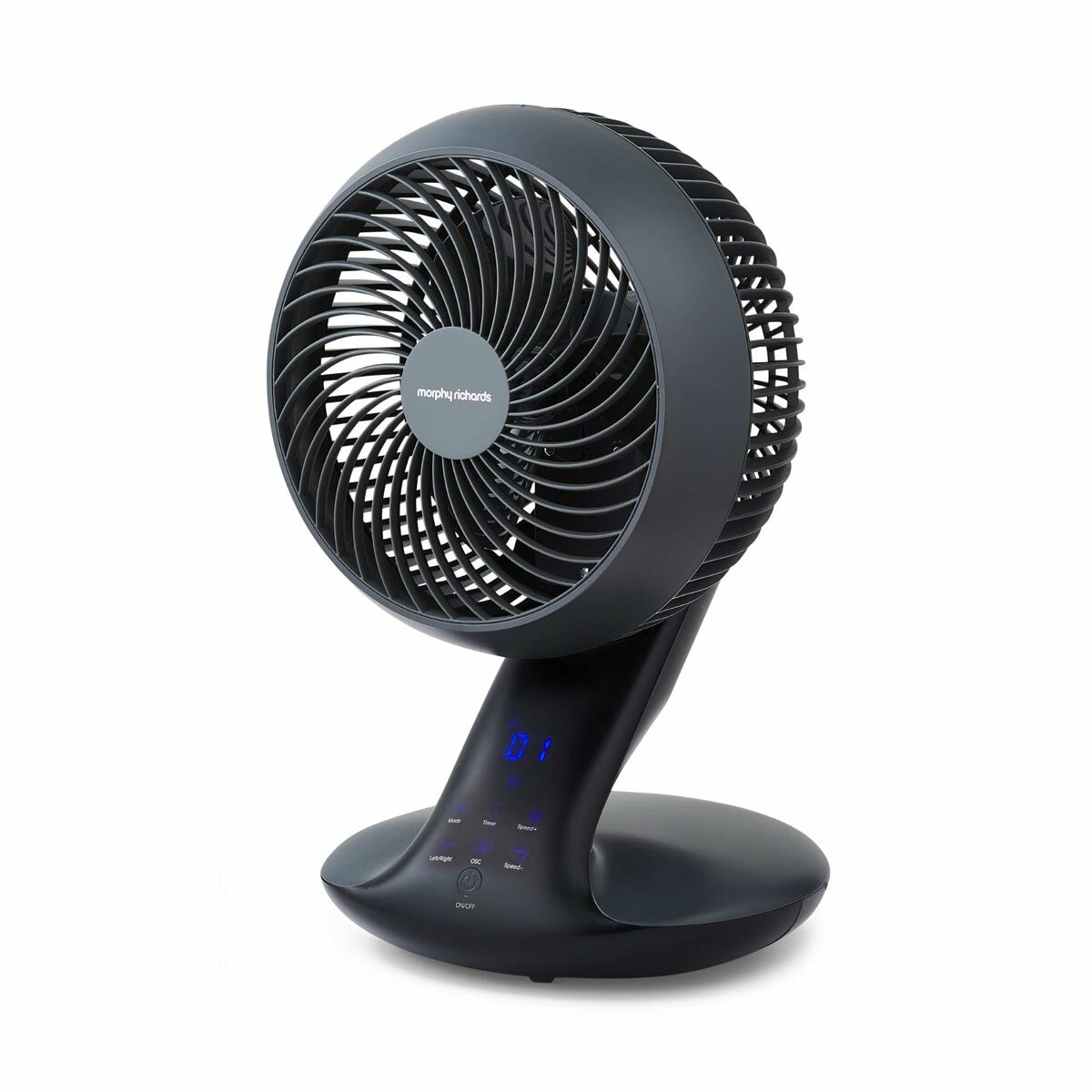 Side profile of MorphyAir Flex 10" Air Circulator with power on