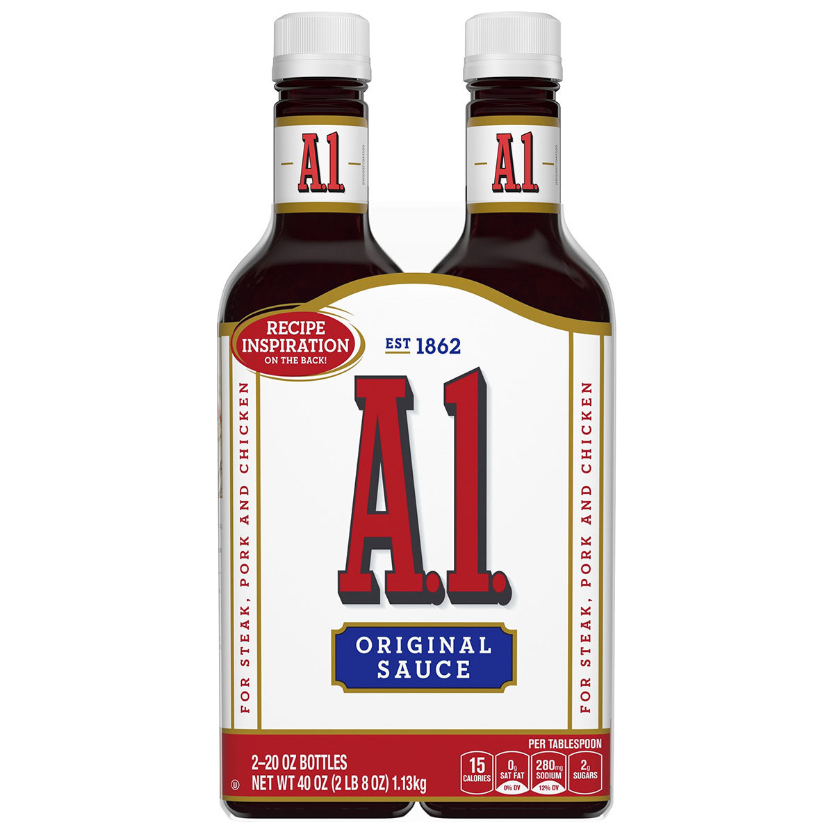 Image of two packaged bottles of A1 sauce on white background